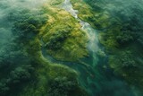 Aerial view of a small forest lake in a foggy morning