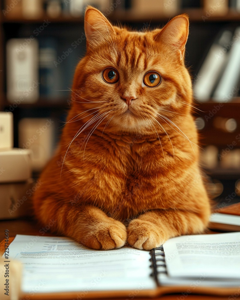 A ginger cat intently examining paperwork on a des