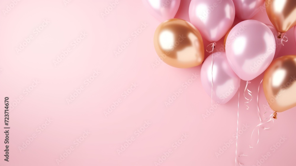 Enhance your message with a card featuring a pastel pink background adorned by elegant blue and gold foil balloons, leaving space for customization.