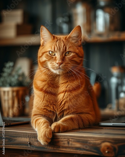  A confident ginger cat sitting at a wooden desk with a laptop.