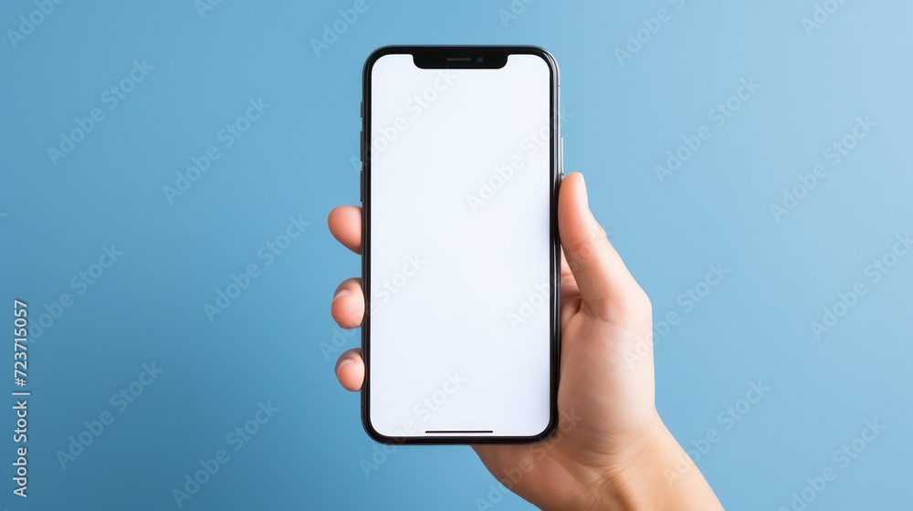 Showcase a smartphone's blank white screen held against a vibrant blue backdrop.