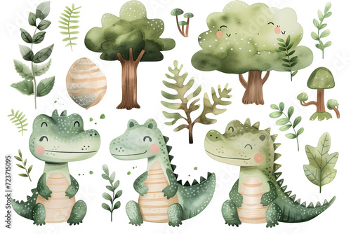 Whimsical watercolor illustration featuring adorable cartoon crocodiles with a variety of green plants and trees  perfect for children s decor or educational material.