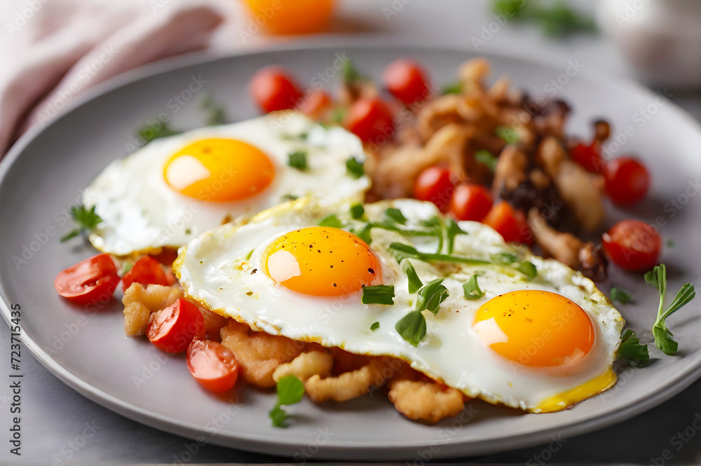 Delicious fried egg dish on a plate for healthy breakfast Delicious fried egg dish on a plate for healthy breakfast