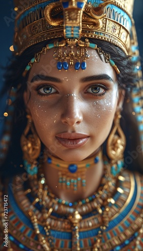 Egyptian Goddess Adorned in Gold and Blue: A Stunning Portrait for the Month of June Generative AI