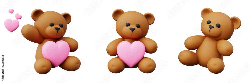 3D Set Teddy Bear with Pink Heart Plush for Valentine's Gift, Valentine's Day Concept theme design 3D Set Teddy Bear with Pink Heart Plush for Valentine's Gift, Valentine's Day Concept theme design