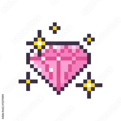 Pink pixel diamond isolated on white background. Gemstone icon. Game item. Vector pixel art illustration in 8-bit old style.