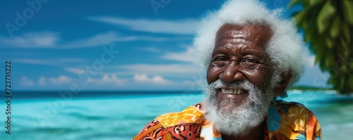 vibrant personality of an elderly black man, radiating joy with a big smile, a full white beard, and hair, against the backdrop of a tropical beach in colorful clothes.