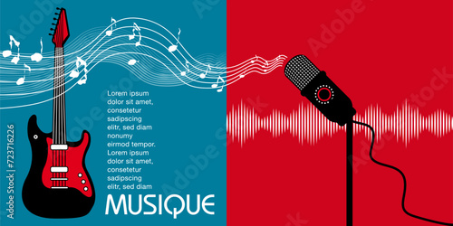 Double page sur le thème de la musique avec une guitare électrique, des notes, un micro et un diagramme musical - fond rouge et bleu.