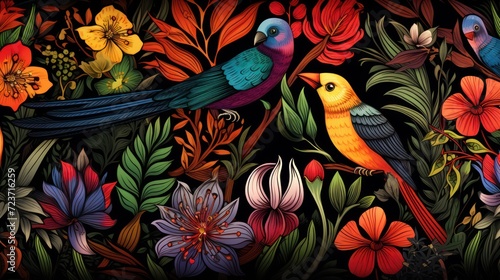 tropical rainforests through a seamless pattern background, harmonizing organic forms, vibrant hues, and the presence of charming birds and flowers. © ANStudio