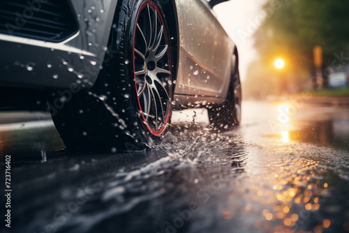 car on the street - Close up of car tires on wet road. water splashing. blurred background, rainy, Generated AI.