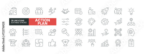 Set of 36 Action Plan line icons set. Action Plan outline icons with editable stroke collection. Includes Resources, Objectives, Strategy, Teamwork, Schedule, and More.