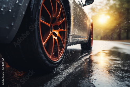 car on the street - Close up of car tires on wet road. blurred background, rainy, Generated AI.