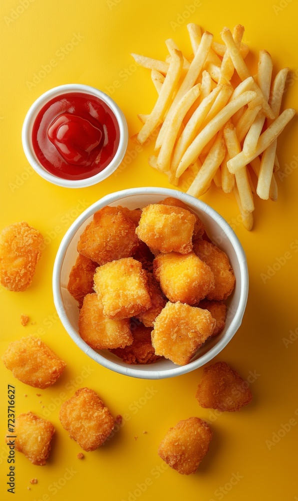 Nuggets in a white fast-food container bucket containing, yellow table, ketchup and french fries, generated with AI Nuggets in a white fast-food container bucket containing, yellow table, ketchup and french fries, generated with AI