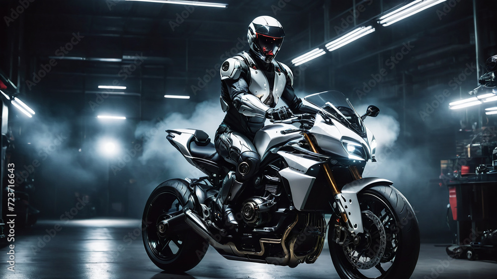 Cyborg on a white motorcycle in garage dark scene with smoke