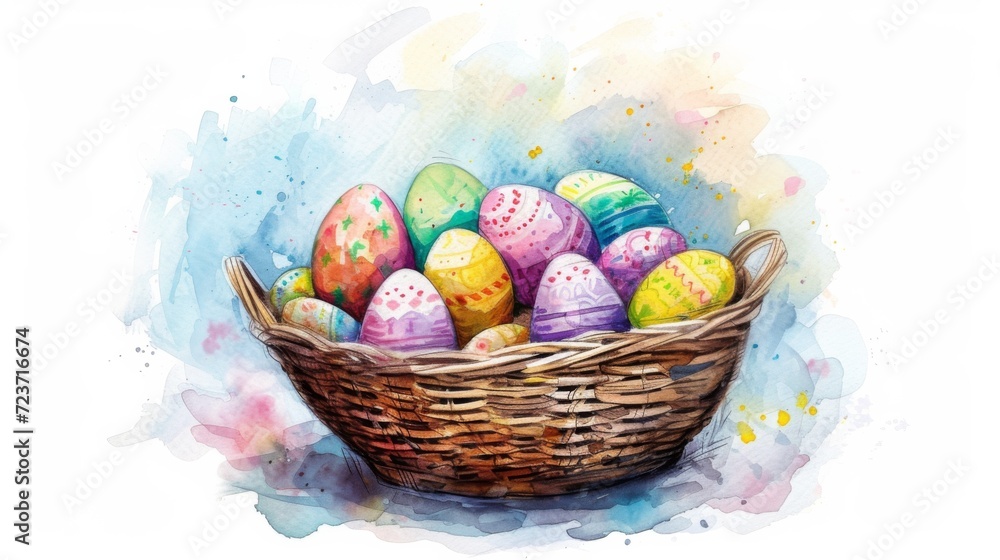 Cute watercolour of a basket full of chocolate easter eggs, generated with AI