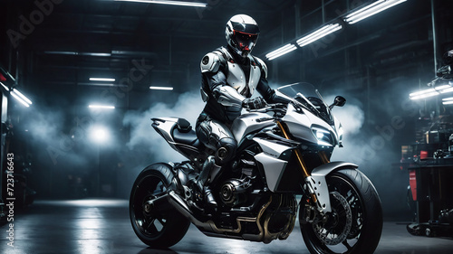 Cyborg on a white motorcycle in garage dark scene with smoke