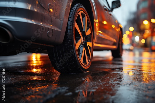 car on the street - Close up of car tires on wet road. blurred background, rainy, Generated AI.