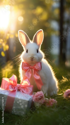 Happy Easter. hare with pink bow, ribbon and painted eggs on grass. tradition of looking for colorful eggs. copy space