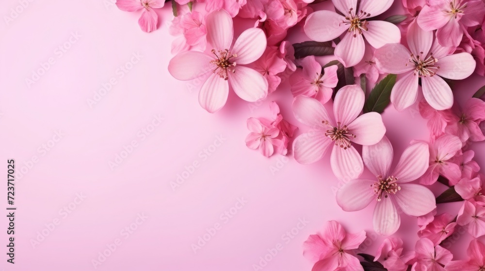 pink background or texture with spring flowers. frame, place for text. template, greeting card for Mother's Day, March 8