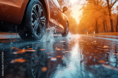 car on the street - Close up of car tires on wet road. water splashing. sunlight, blurred background, rainy, Generated AI. © jirayut