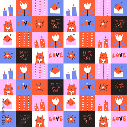 Seamless pattern with St Valentine Day elements in squares. Modern flat cute background. Vector illustration