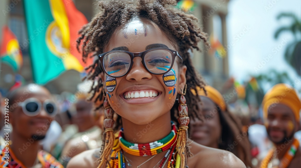 Colorful Celebration: Woman with Glasses and African Painted Designs Smiling for the Camera Generative AI