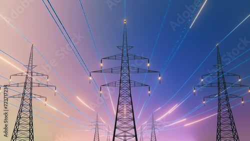 Power Transmission Lines with 3D Digital Visualization of Electricity. Blue Skay and Clean Unpolluted Air for the Future. Concept of Renewable Green Clean Energy Leading to Bright Future and Optimism