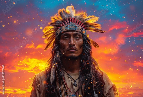 Native American Warrior in Full Regalia Generative AI photo