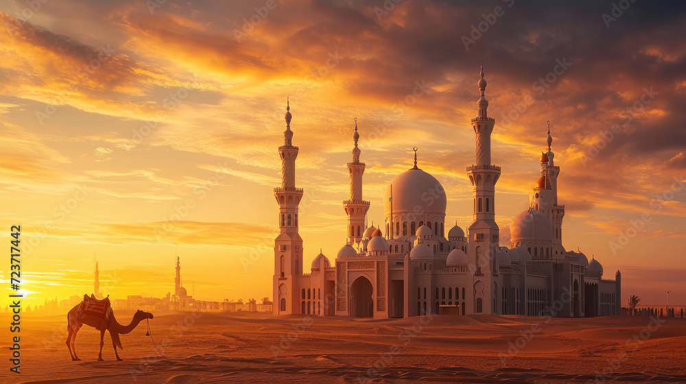 Amazing mosque in a vast desert landscape at sunset, a camel resting nearby