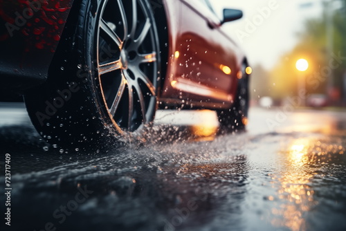 car on the street - Close up of car tires on wet road. water splashing. sunlight, blurred background, rainy, Generated AI.
