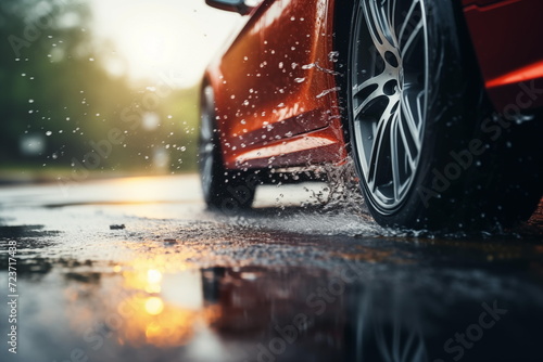 car on the street - Close up of car tires on wet road. water splashing. sunlight, blurred background, rainy, Generated AI.