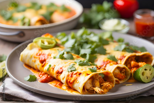 Homemade chicken enchiladas with cheesy and flavor on a plate