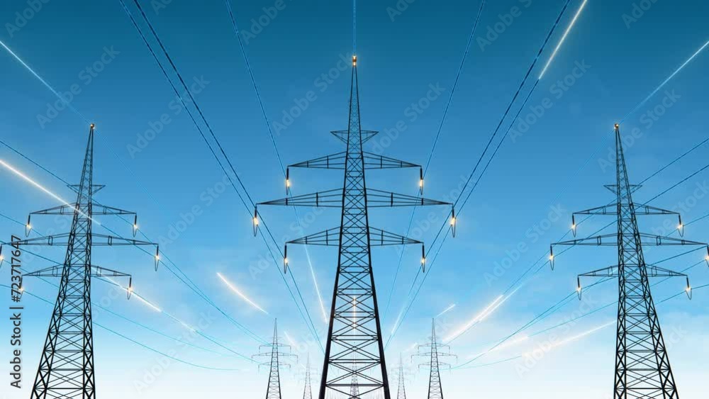 Power Transmission Lines with 3D Digital Visualization of Electricity. Fantastiuc Visuals of Night Sky Full of Bright Stars. Concept of Renewable Green Energy Powering Human Progress Everywhere