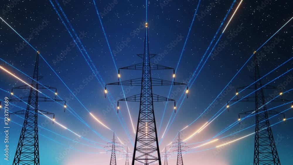 Power Transmission Lines with 3D Digital Visualization of Electricity. Fantastiuc Visuals of Night Sky Full of Bright Stars. Concept of Renewable Green Energy Powering Human Progress Everywhere