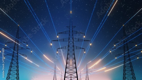 Power Transmission Lines with 3D Digital Visualization of Electricity. Fantastiuc Visuals of Night Sky Full of Bright Stars. Concept of Renewable Green Energy Powering Human Progress Everywhere photo