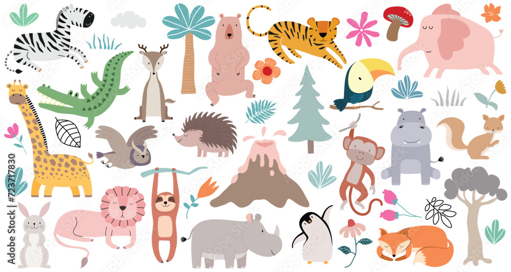 Wild forest animals in trendy cute hand drawn style isolated on background.