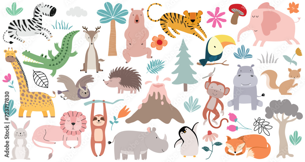 Wild forest animals in trendy cute hand drawn style isolated on background. Wild forest animals in trendy cute hand drawn style isolated on background.