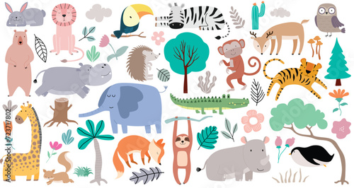Wild forest animals in trendy cute hand drawn style isolated on background.