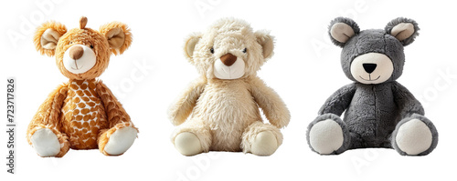 cutout set of 3 stuffed animal toys isolated on white png background - Generative AI