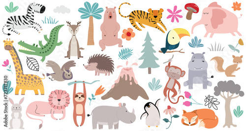 Wild forest animals in trendy cute hand drawn style isolated on background. © dwi