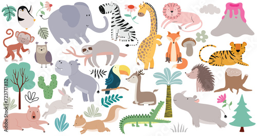 Wild forest animals in trendy cute hand drawn style isolated on background. © dwi