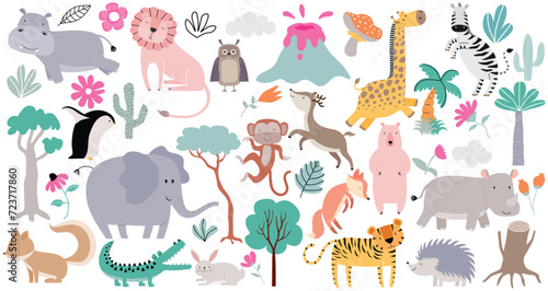 Wild forest animals in trendy cute hand drawn style isolated on background.