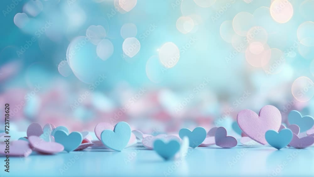 Blue and pink heart shapes, Valentines day background. Be my valentine theme. valentine celebration concept greeting card hearts on string with gold defused bokeh lights in the background