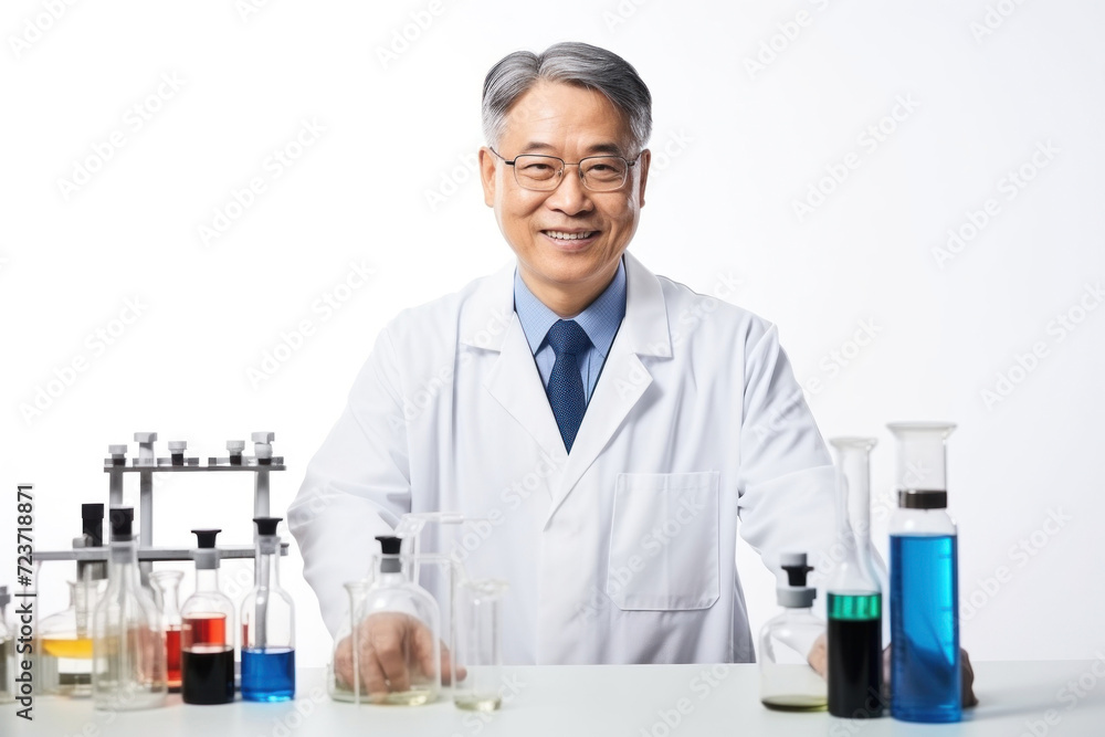 Korean scientist in a white coat conducts an experiment with beakers isolated on a white background. Korean scientist in a white coat conducts an experiment with beakers isolated on a white background.