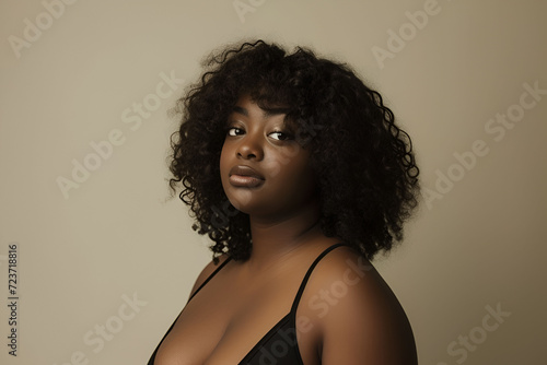 body-positive and body acceptance black woman posing at studio, x-size model, enjoying herself, natural confidence, beige tones