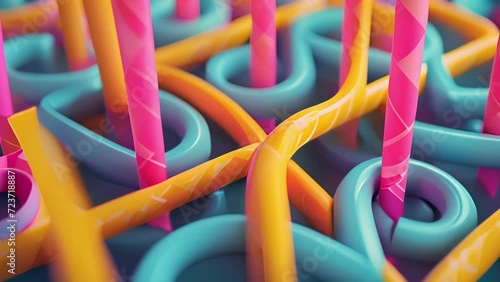 Cartoon animation A group of straws facing a tough obstacle course of twisty turns and loops with one straw already tangled up in the mess.