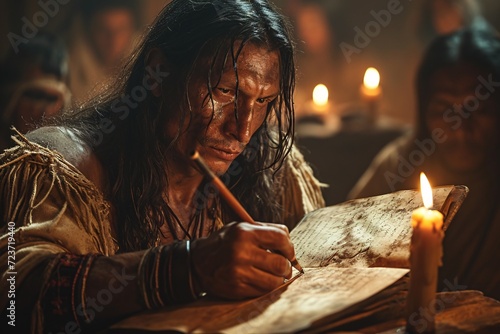 Native American Man Writing in a Journal Generative AI photo