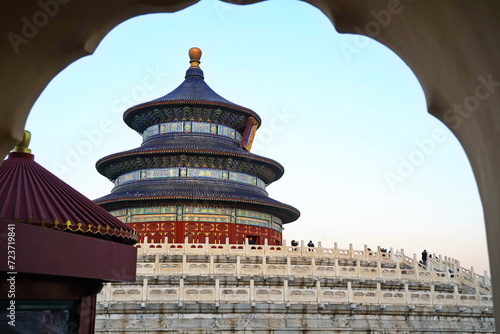 The arched entrance in front of the Tiantan Sky Temple in the evening.