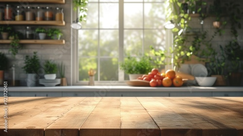 Ein rustikale Tischplatte aus Holz in einer Küche, Küchenhintergrund für Präsentation  photo