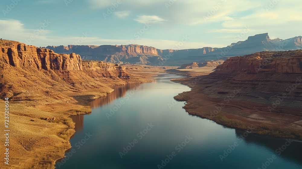 A tranquil river winds through a majestic canyon with towering sandstone walls under a clear sky.